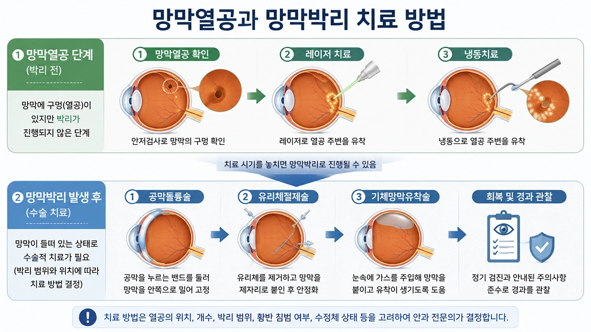 망막박리 치료 방법과 박리 전 망막열공의 레이저 및 냉동치료를 구분한 인포그래픽