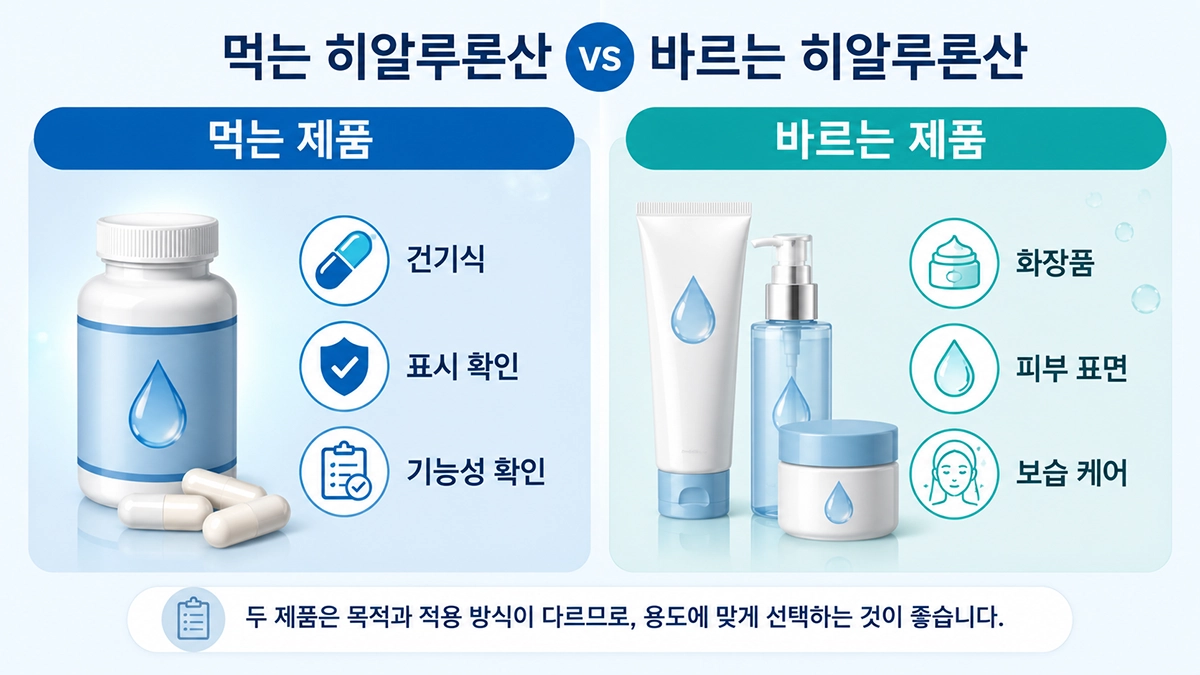 히알루론산 효능을 알아볼 때 참고할 먹는 제품과 바르는 제품 차이 비교 이미지