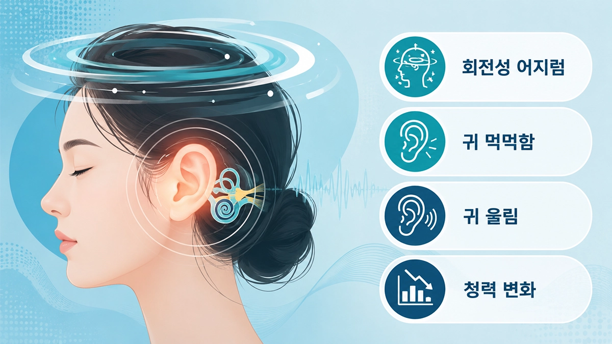 메니에르병 증상인 회전성 어지럼과 귀 먹먹함, 귀울림, 청력 변화를 보여주는 인포그래픽