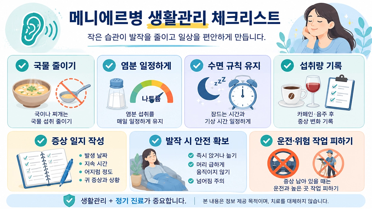 메니에르병 증상 재발 관리에 참고할 저염 식사, 수면, 증상 기록 체크리스트