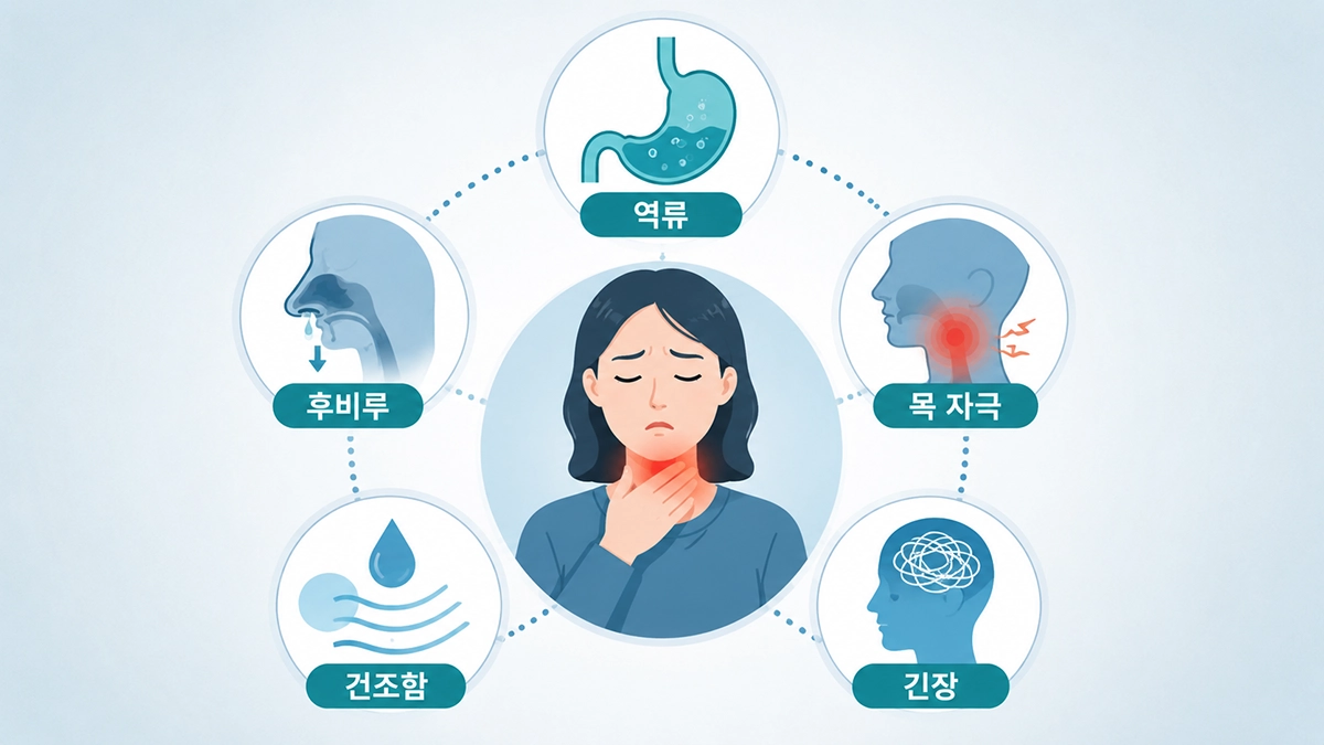 목 이물감과 관련될 수 있는 역류, 후비루, 건조함과 목 점막 자극 원인