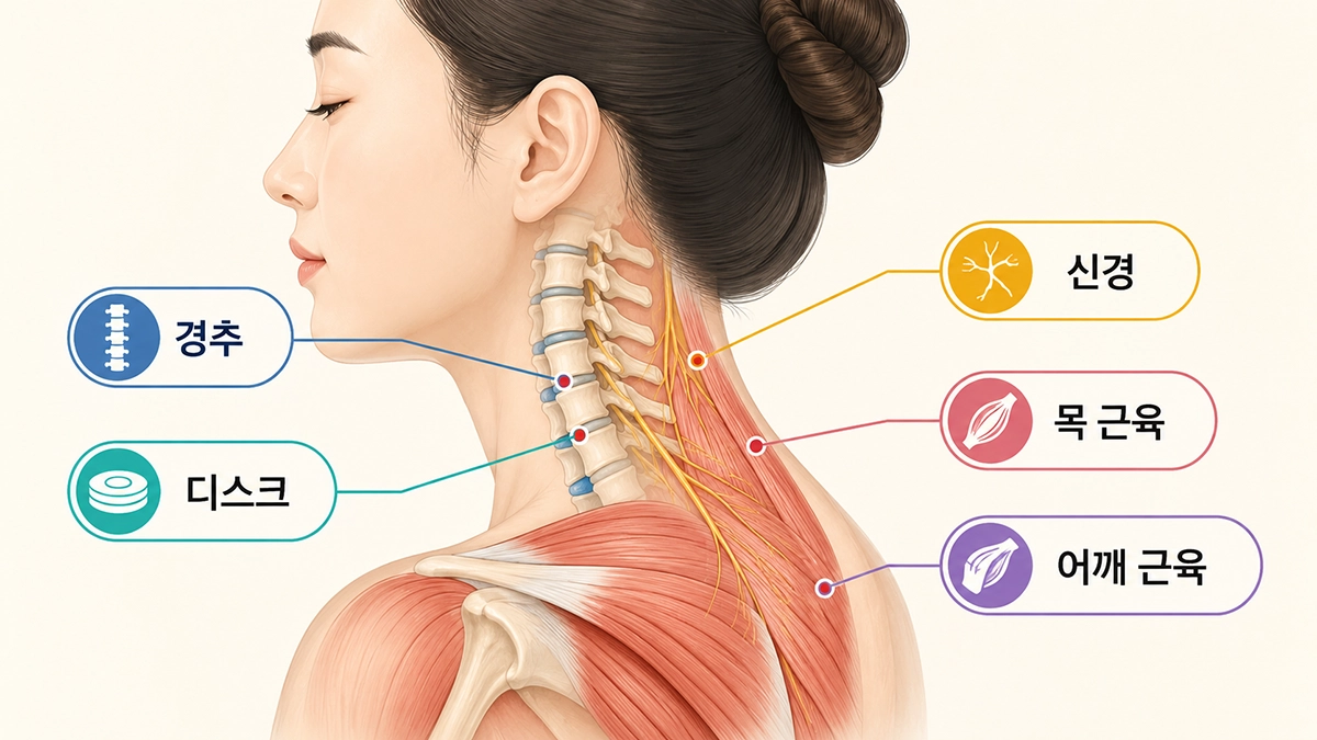 목 통증과 관련된 경추, 디스크, 신경, 목 주변 근육의 위치를 보여주는 인포그래픽