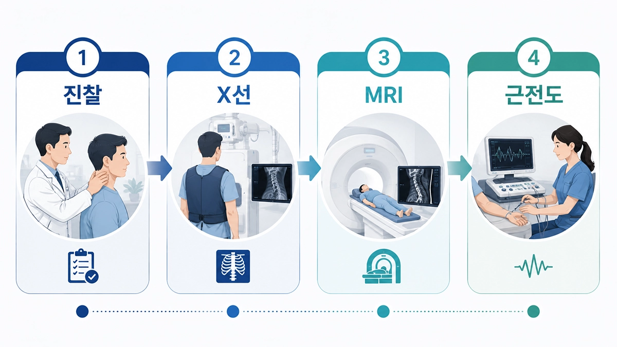 목디스크 검사 과정과 MRI 검사 순서를 설명한 인포그래픽