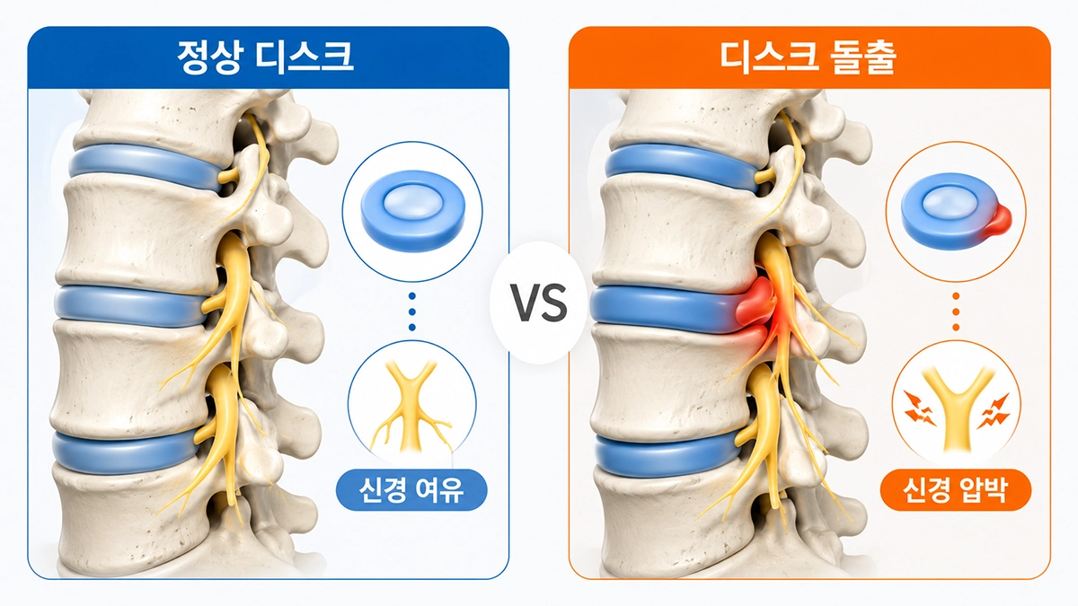 목디스크에서 정상 디스크와 신경 압박 상태를 비교한 그림