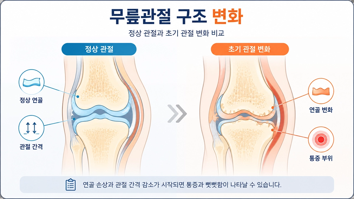 무릎관절염 증상과 관련된 연골, 뼈, 활막의 구조 변화 인포그래픽