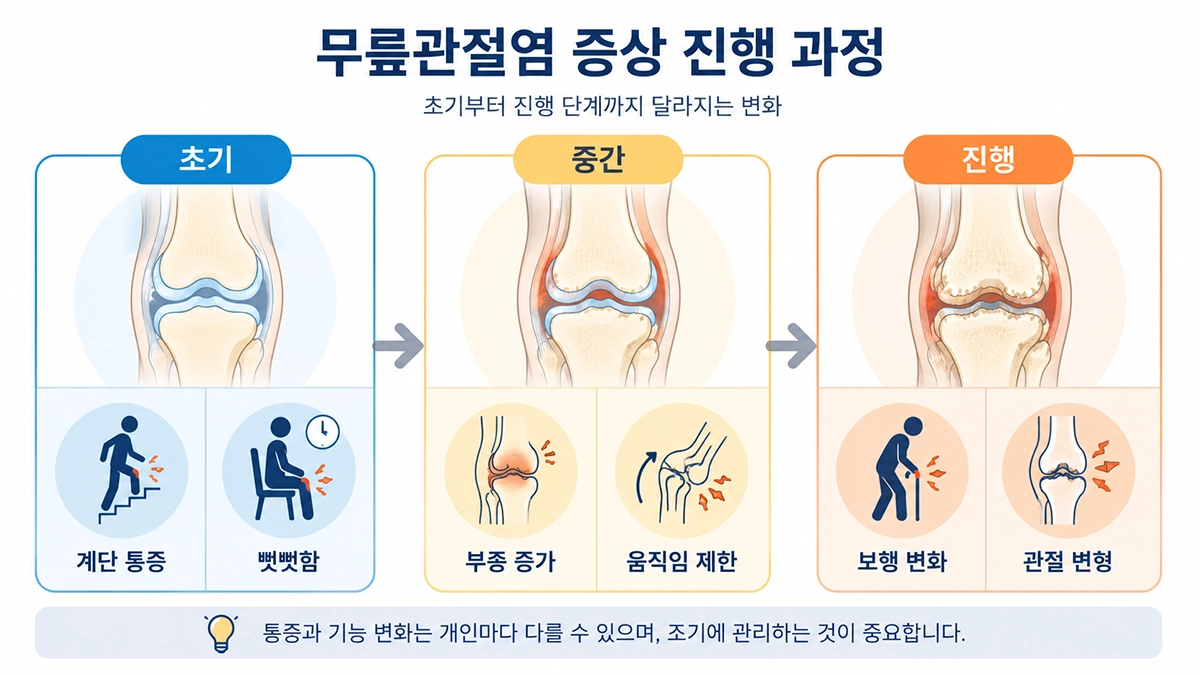 무릎관절염 증상이 초기 통증에서 부종과 보행 변화로 진행되는 과정