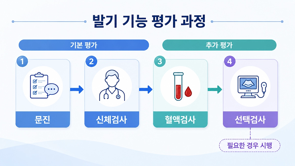 발기부전 평가 과정인 문진, 신체검사, 혈액검사와 선택검사를 설명한 인포그래픽