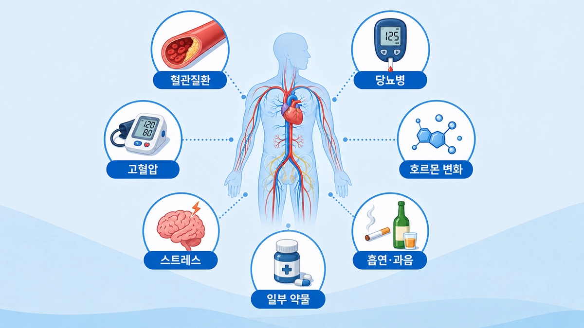 발기부전에 영향을 줄 수 있는 혈관질환, 당뇨병, 호르몬 변화와 생활요인을 설명한 인포그래픽