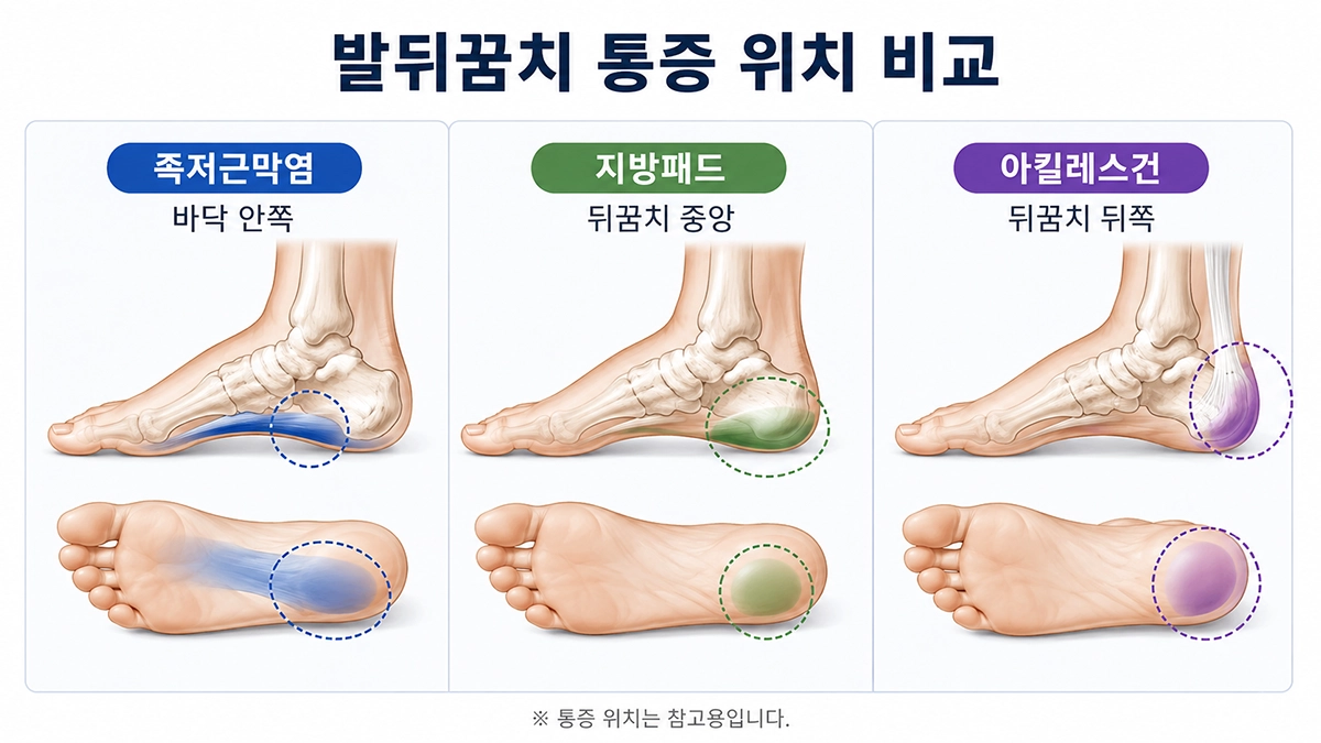 족저근막염과 지방패드 통증, 아킬레스건 통증 위치 비교