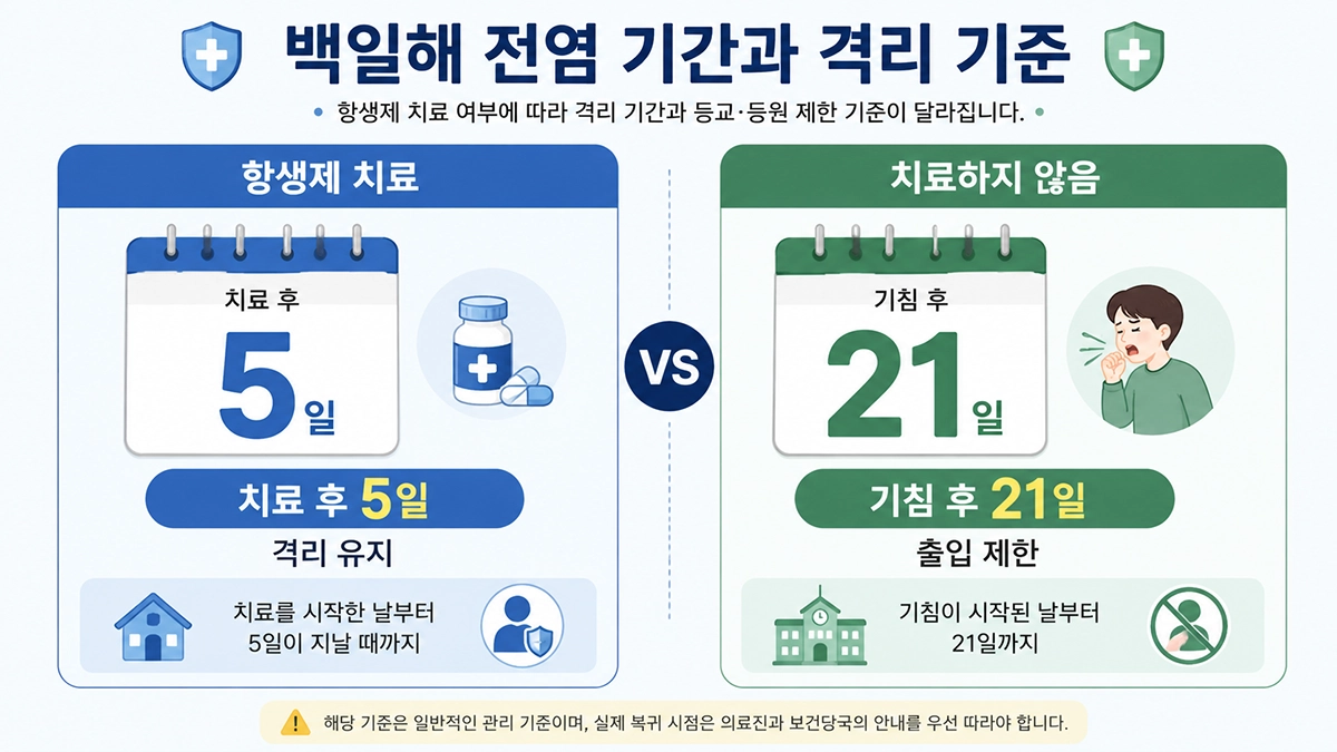백일해 증상 발생 후 항생제 치료 여부에 따른 전염 기간과 격리 기준 비교 이미지