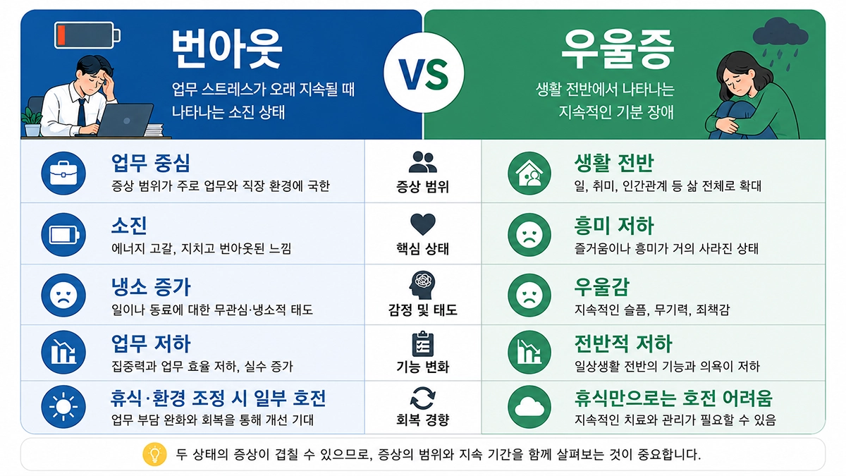 번아웃 증후군과 우울증의 특징과 차이를 비교한 인포그래픽