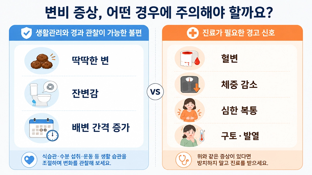 변비 증상과 원인 중 일반적인 배변 불편과 병원 진료가 필요한 경고 신호 비교