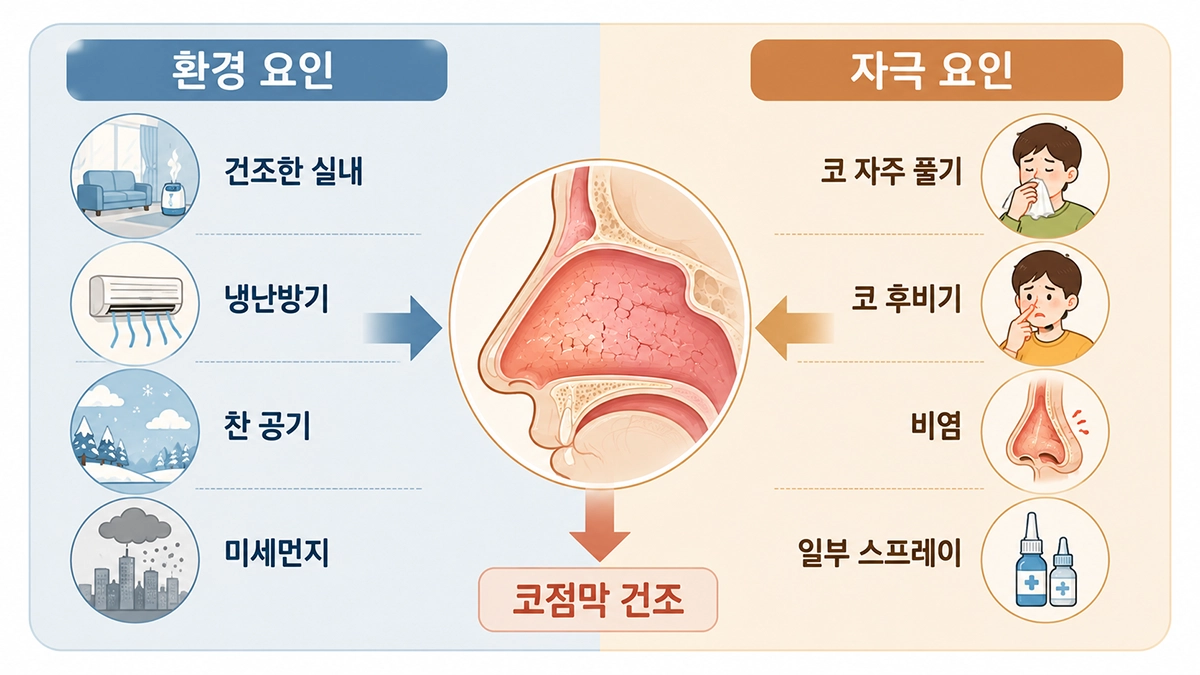 비강건조증 원인을 건조한 환경과 코점막 자극 요인으로 구분한 비교 인포그래픽