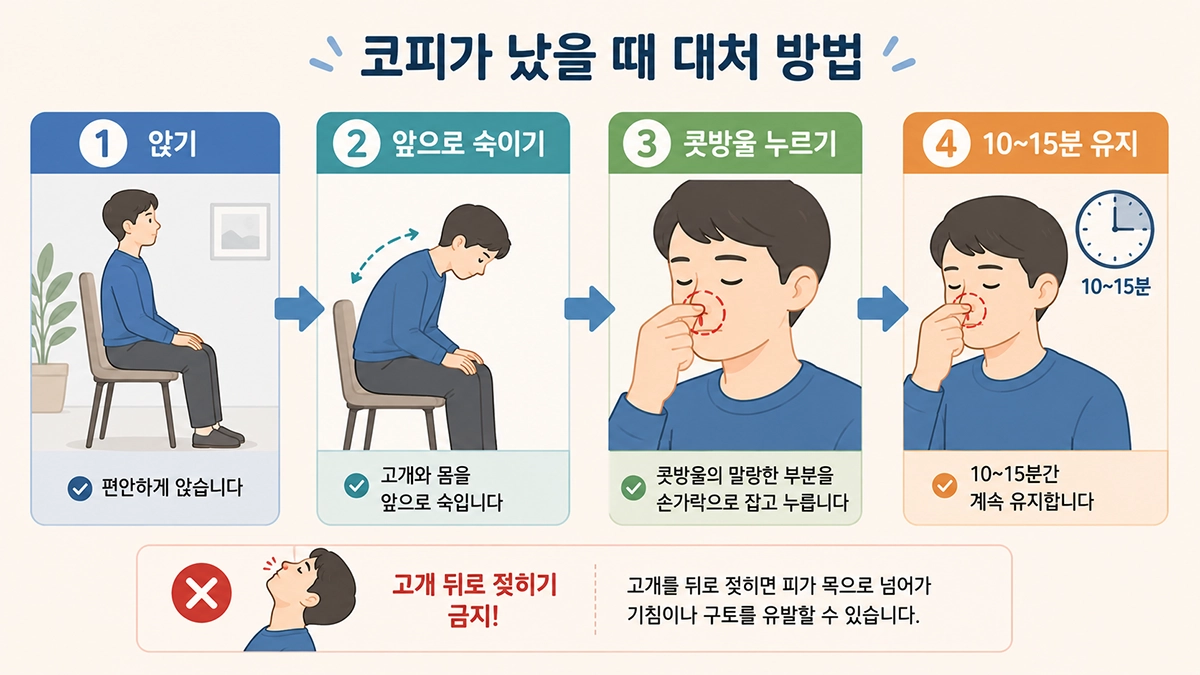 비강건조증으로 코피가 날 때 고개를 앞으로 숙이고 콧방울을 압박하는 대처 순서