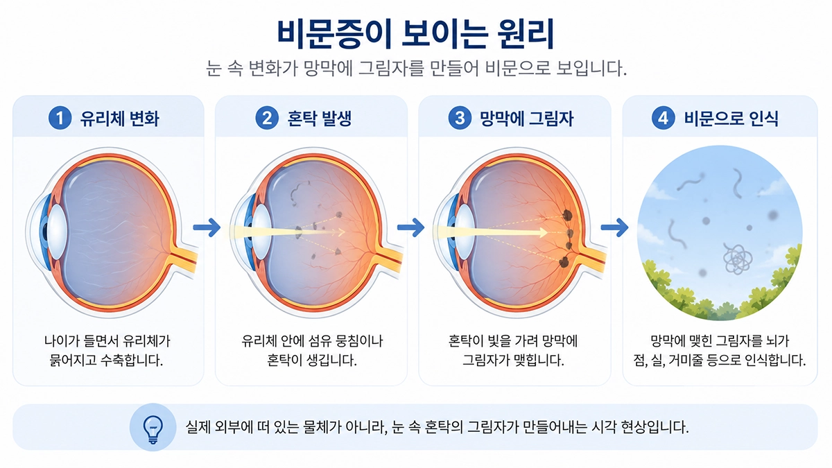 비문증이 유리체 혼탁의 그림자가 망막에 비치면서 발생하는 과정을 설명한 인포그래픽