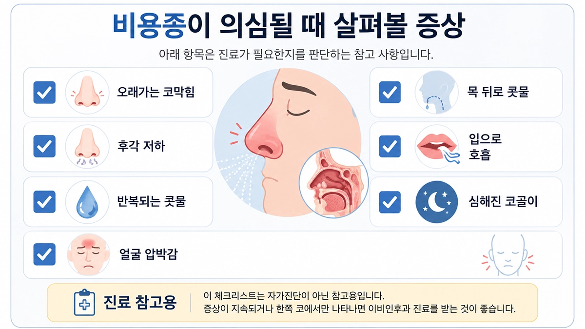 비용종 의심 시 확인할 코막힘 후각 저하 후비루 코골이 증상 체크리스트
