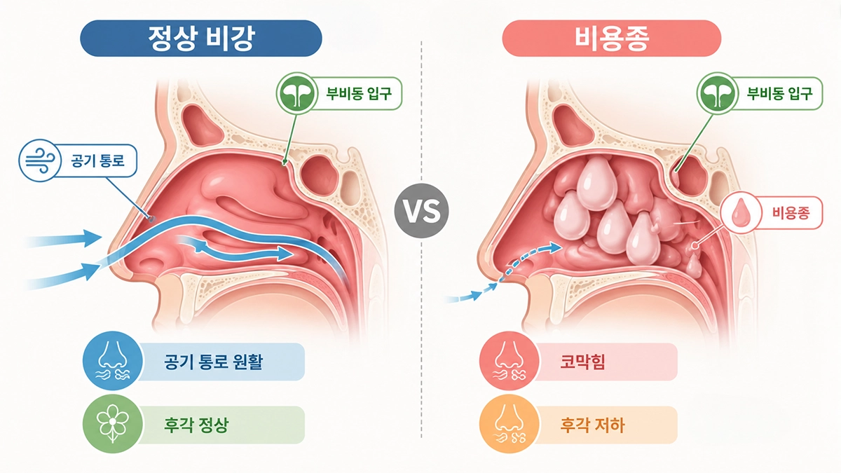 비용종이 코와 부비동 통로를 막아 코막힘과 후각 저하를 일으키는 구조