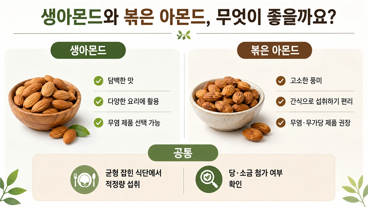 생아몬드와 볶은 아몬드의 특징을 비교한 인포그래픽