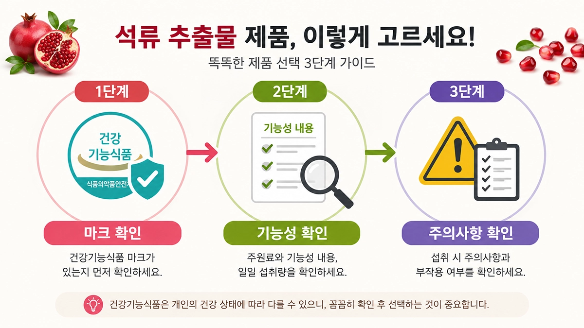 석류 추출물 복용법에 맞춰 건강기능식품 마크와 기능성 표시를 확인하는 제품 선택 단계