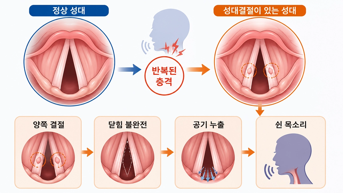 성대결절이 양쪽 성대의 반복적인 충격으로 생기는 과정을 설명한 인포그래픽