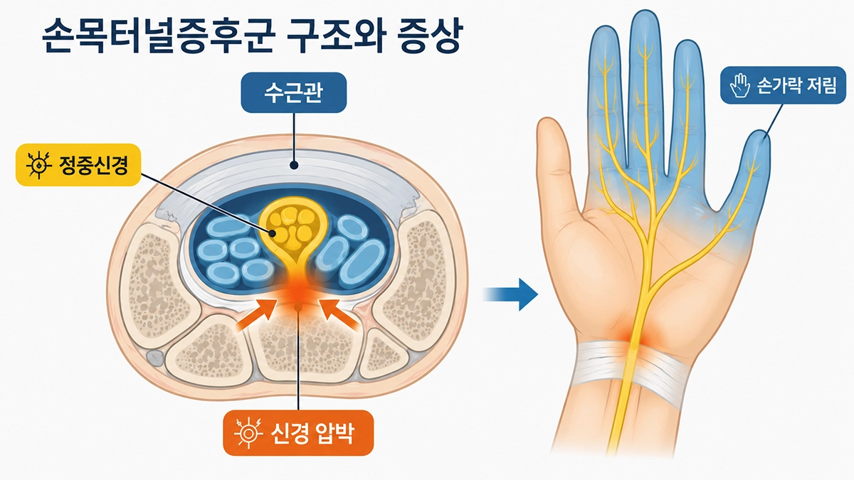 손목터널증후군에서 수근관 안의 정중신경이 눌리는 위치를 보여주는 구조 이미지