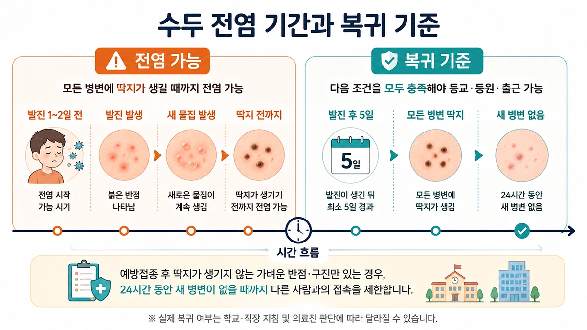 수두 증상 발생 전후의 전염 기간과 등교·등원·출근 기준을 비교한 인포그래픽
