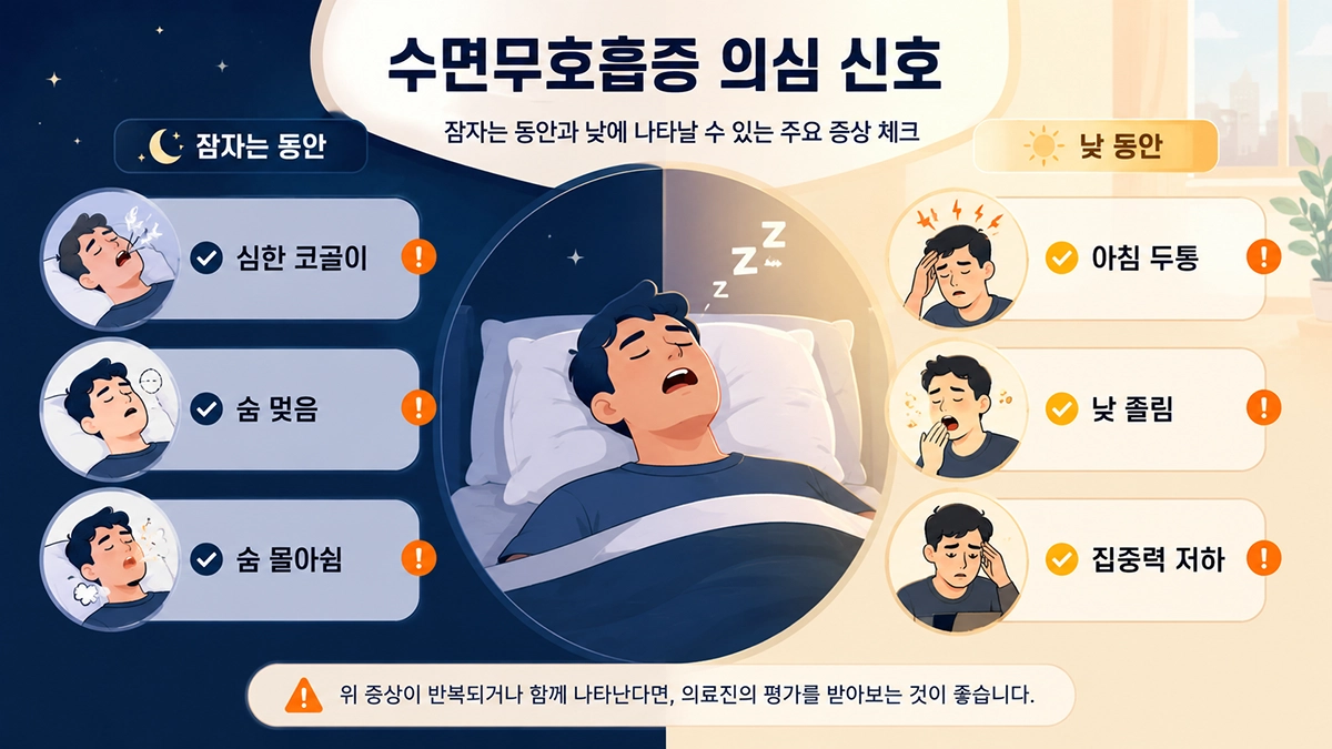 수면무호흡증 의심 증상인 심한 코골이와 호흡 멈춤, 아침 두통, 낮 졸림을 정리한 체크리스트