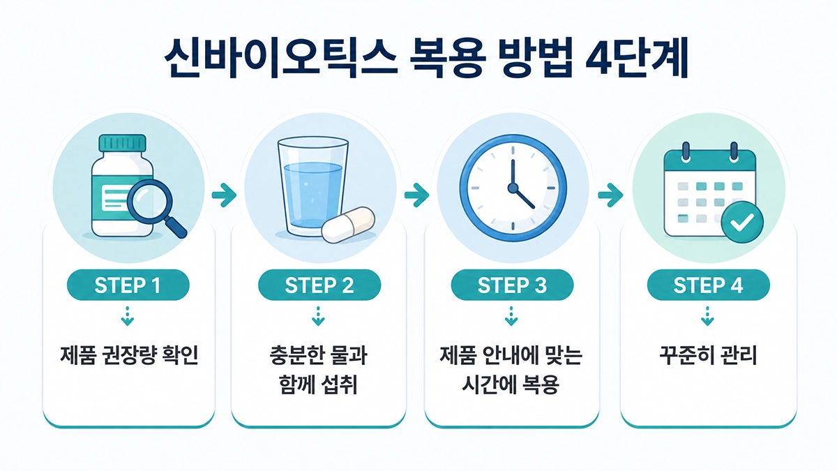 신바이오틱스 복용 순서를 단계별로 정리한 인포그래픽