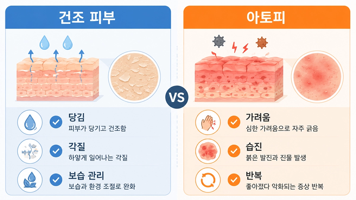 아토피 피부염과 단순 건조 피부의 차이를 비교한 인포그래픽