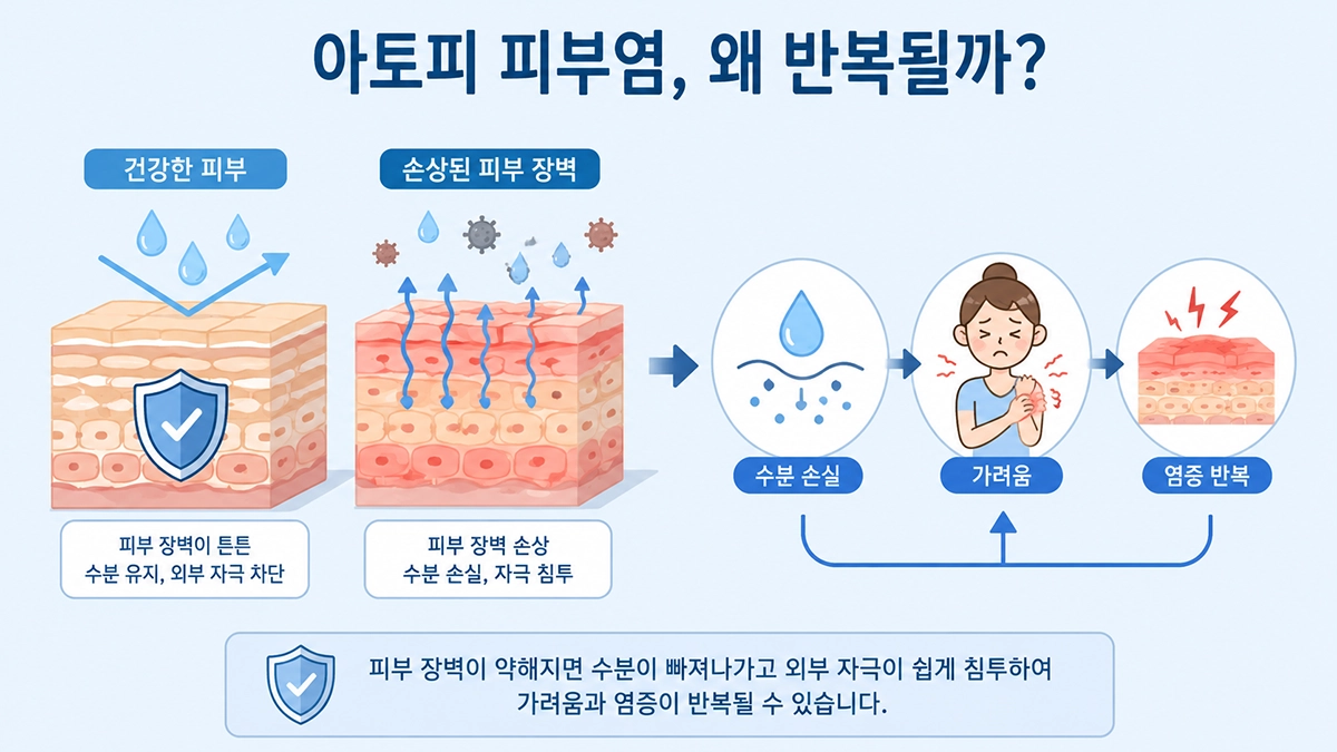 아토피 피부염의 피부 장벽 손상과 가려움이 반복되는 과정을 설명하는 인포그래픽