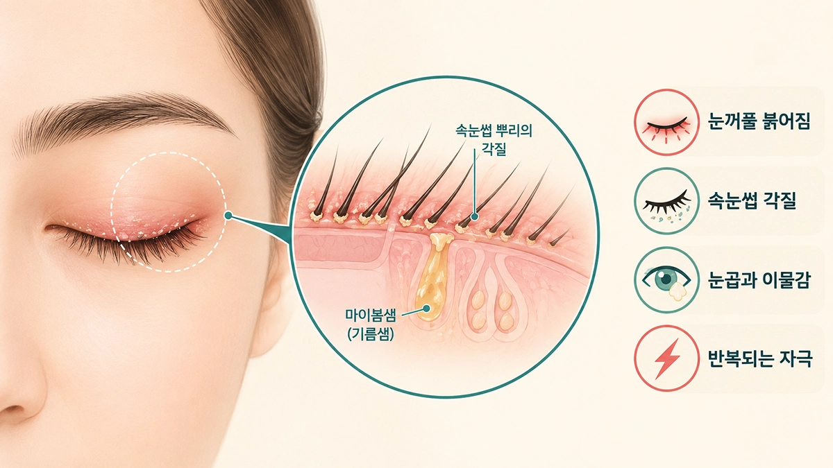안검염으로 나타날 수 있는 눈꺼풀 붉어짐과 속눈썹 각질, 눈곱을 설명한 일러스트