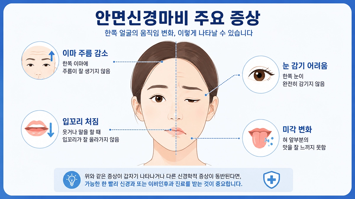 안면신경마비 주요 증상을 보여주는 얼굴 변화 인포그래픽