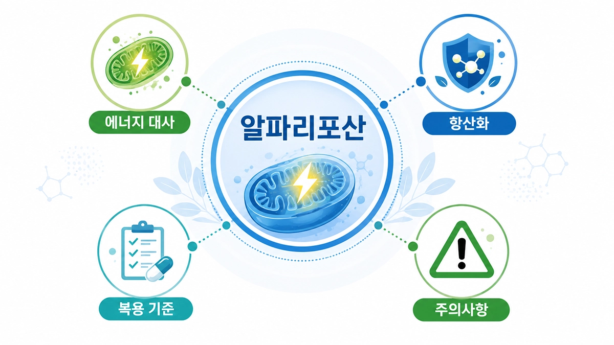 알파리포산의 에너지 대사와 항산화 관련 특징을 요약한 인포그래픽