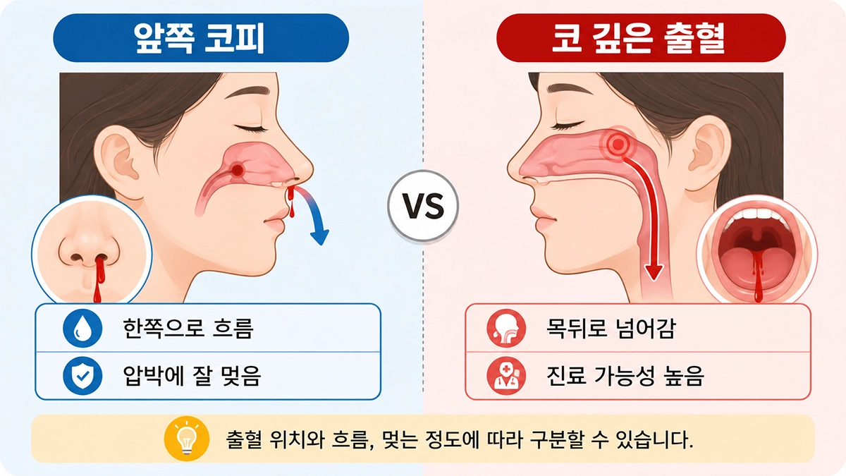 코피가 나는 이유와 관련된 앞쪽 코피와 코 깊은 출혈의 위치 및 증상 차이
