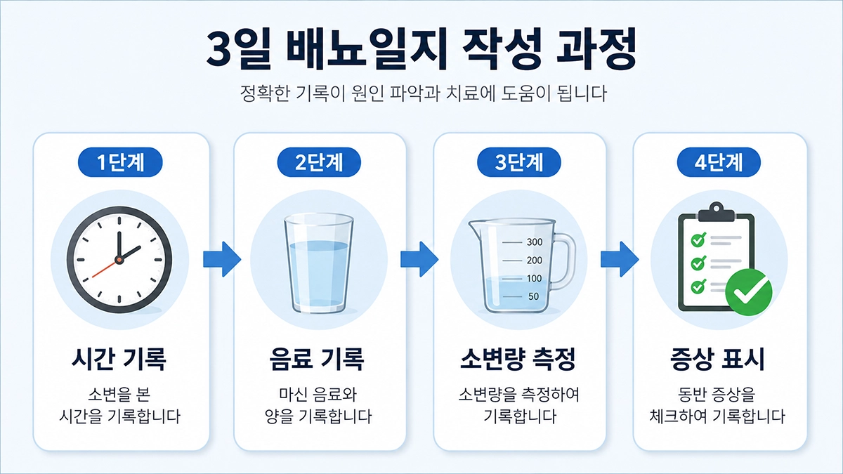 야간뇨 원인 확인을 위한 3일 배뇨일지 작성 단계