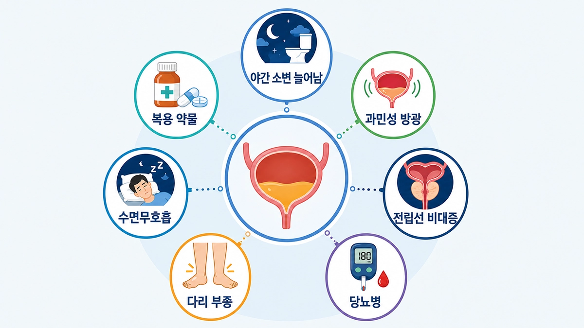 야간뇨 원인으로 나타날 수 있는 방광 문제와 전신질환 인포그래픽