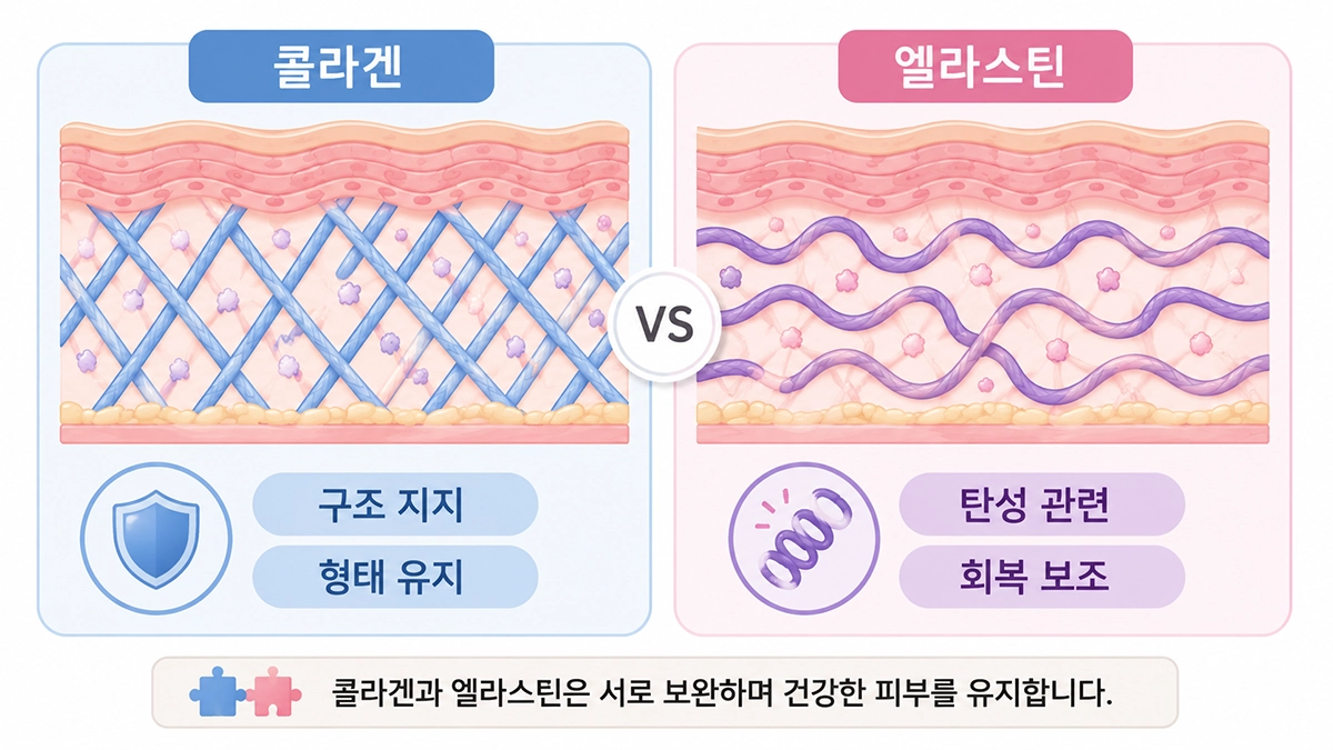 엘라스틴과 콜라겐 차이를 피부 구조와 탄성 역할 중심으로 비교한 이미지