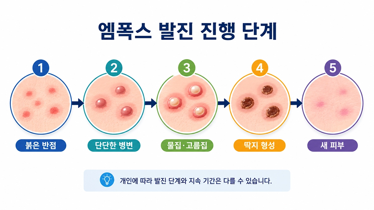 엠폭스 증상 중 피부 발진이 반점에서 물집과 딱지로 진행되는 과정을 나타낸 인포그래픽