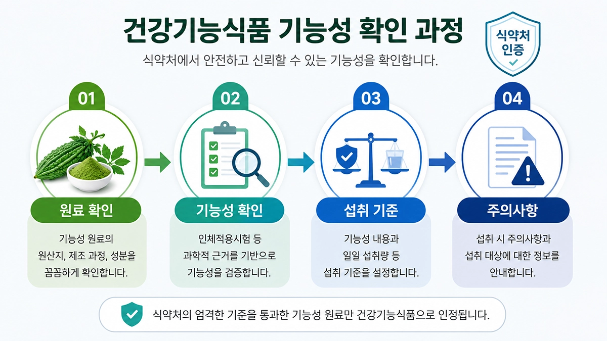 여주 추출물의 식약처 인정 기능성과 섭취 기준을 설명하는 단계형 인포그래픽