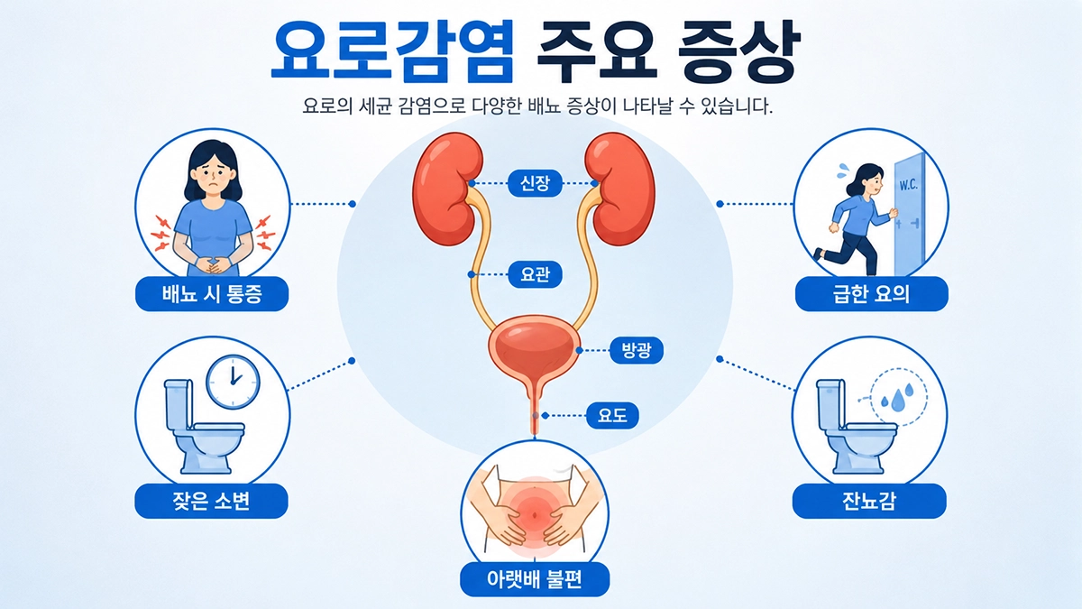 요로 구조와 배뇨통, 빈뇨, 잔뇨감 등 요로감염 증상을 설명한 인포그래픽