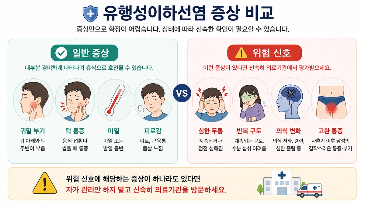 유행성이하선염의 일반 증상과 신속한 진료가 필요한 위험 신호 비교