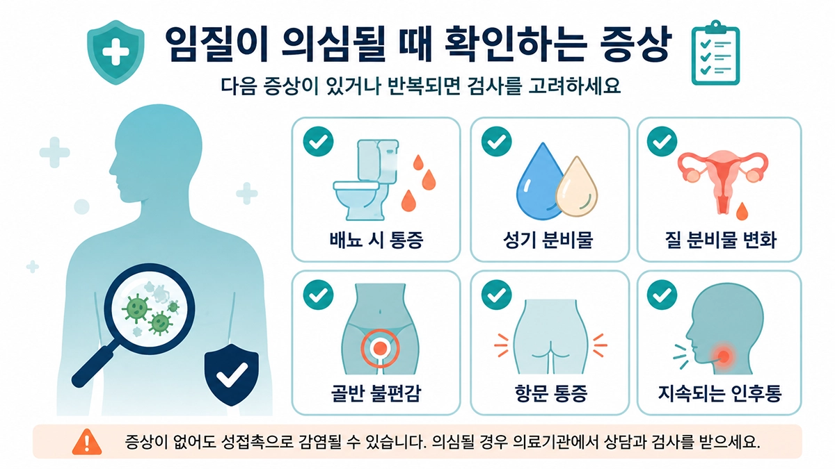 임질 증상으로 나타날 수 있는 배뇨통, 분비물, 골반 통증과 인후통 체크리스트