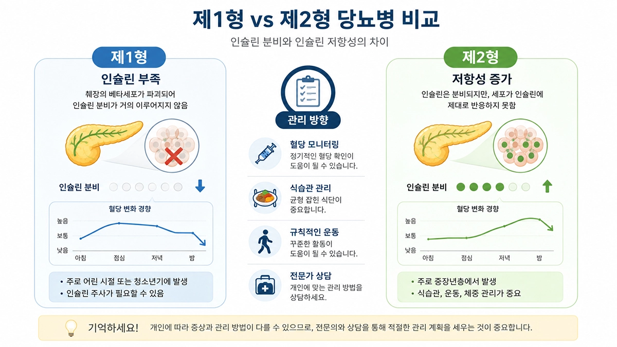 당뇨병 초기증상과 관련된 제1형 당뇨병과 제2형 당뇨병 차이를 설명한 비교 인포그래픽