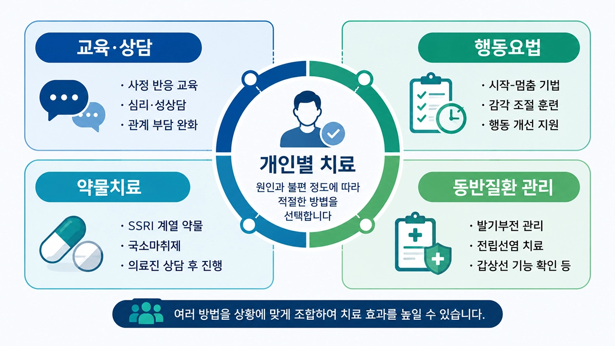 조루증 기준과 원인에 따라 교육 상담, 행동요법, 약물치료를 선택하는 치료 인포그래픽