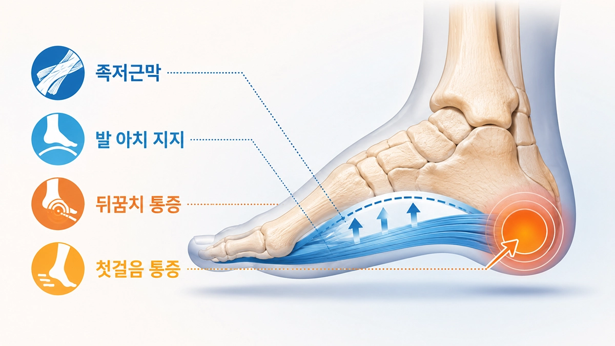 족저근막염에서 흔한 발뒤꿈치 안쪽 통증 위치와 족저근막 구조
