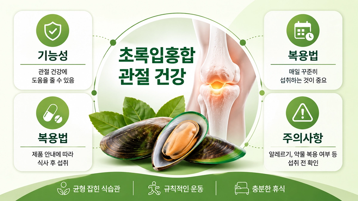 초록입홍합 기능성과 관절 건강 관리 핵심 정보를 소개하는 인포그래픽