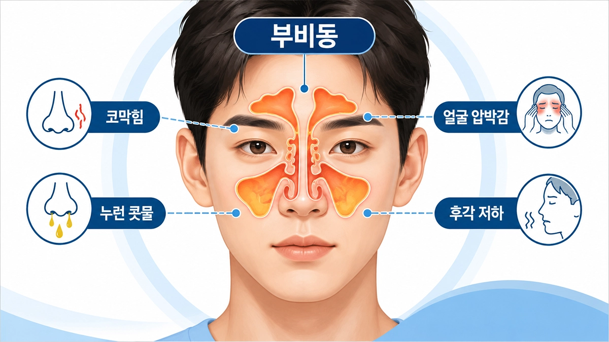 축농증 증상에서 나타나는 부비동 위치와 대표 증상을 설명하는 인포그래픽