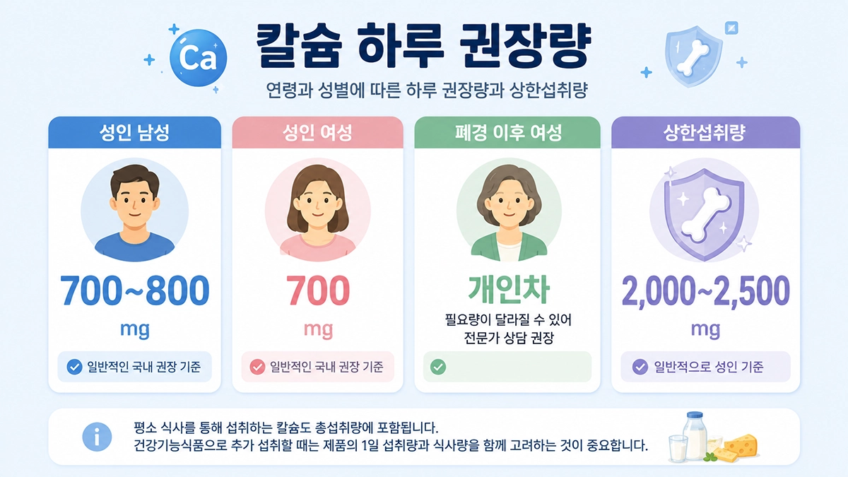 칼슘 효능과 섭취 기준을 이해하기 위한 성인 칼슘 권장량 비교 인포그래픽