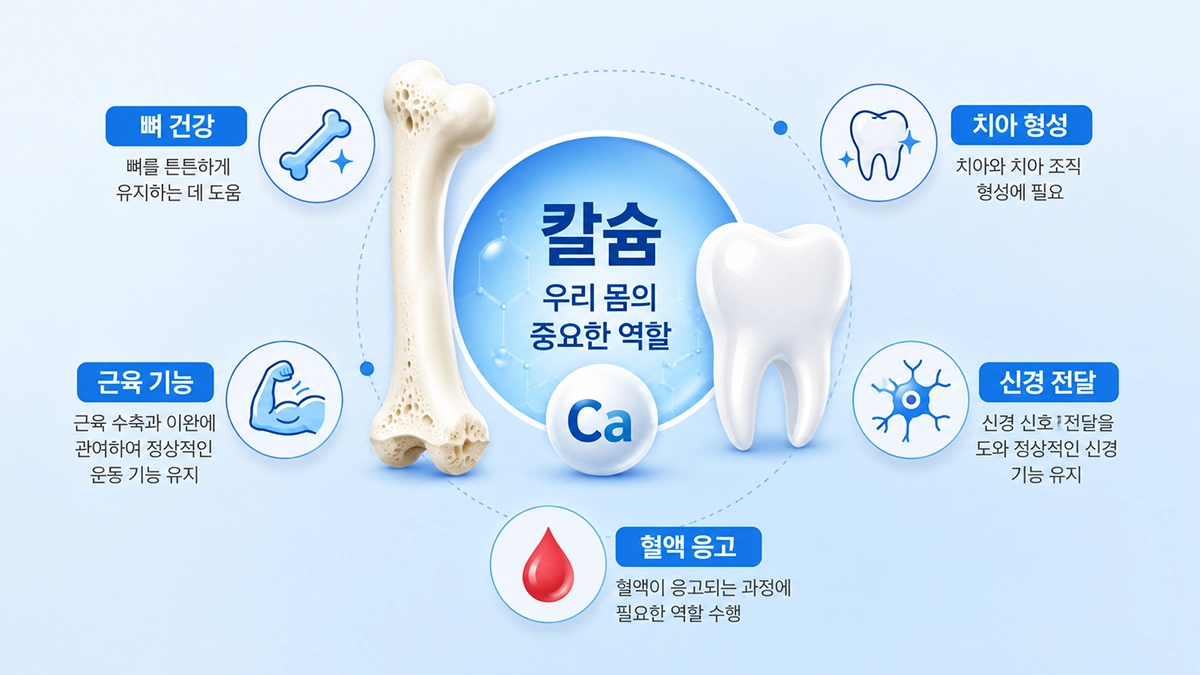 칼슘 효능으로 알려진 뼈 건강과 치아 형성, 근육 기능을 설명한 인포그래픽