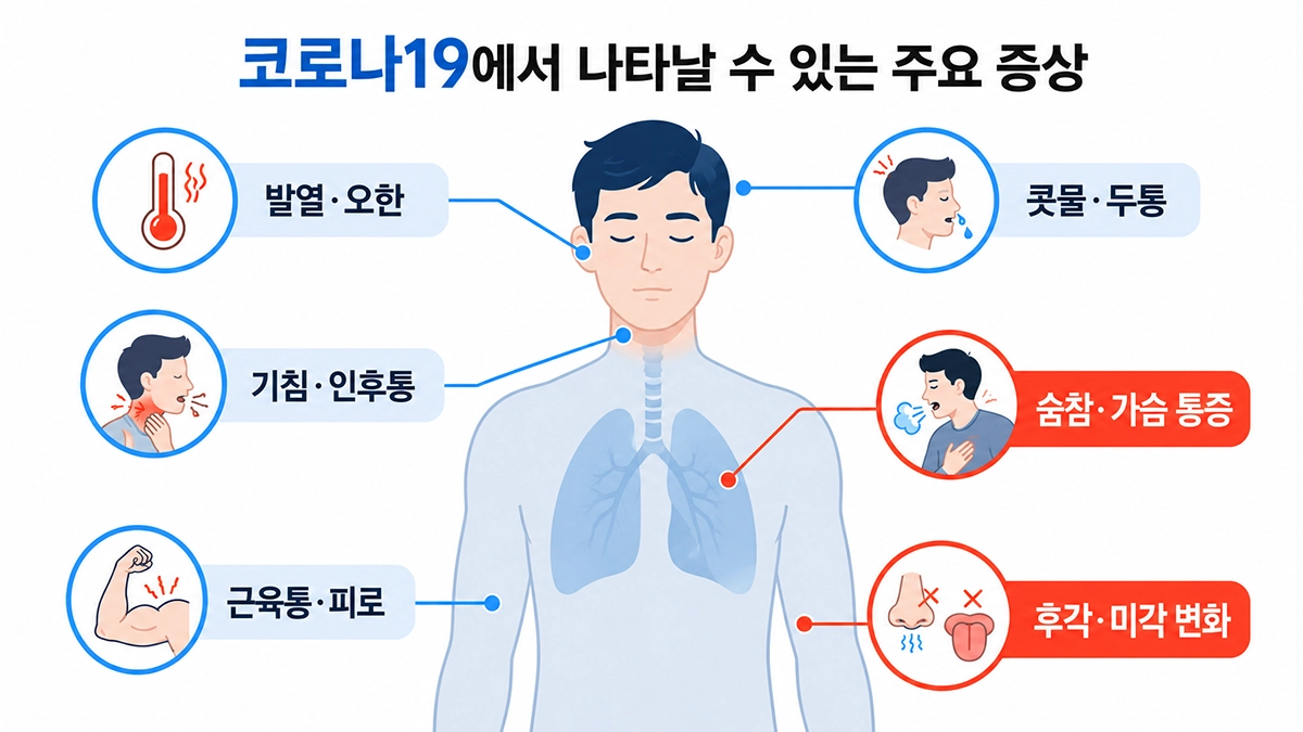 코로나19 증상으로 나타날 수 있는 발열, 기침, 인후통, 피로감과 호흡 불편을 정리한 인포그래픽